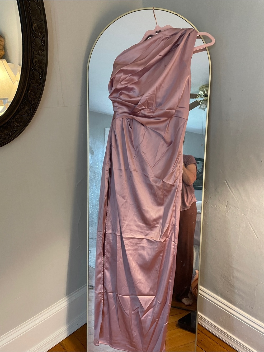 Petal & Pup One-Shoulder Satin Gown in Dusty Rose